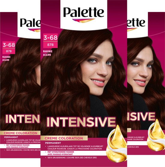 Palette - 878 Mahonie - Haarverf - intensieve, natuurlijke kleuren met 100% grijsdekking - Voordeelverpakking - 3 stuks
