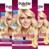 Drie verpakkingen van Palette haarverf "L6-0 100 EXTRA LICHTBLOND". Elke doos toont een model met lang, golvend, blond haar. "INTENSIVE CREME COLORATION".