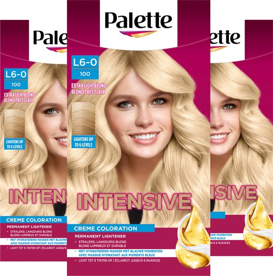 Drie verpakkingen van Palette haarverf "L6-0 100 EXTRA LICHTBLOND". Elke doos toont een model met lang, golvend, blond haar. "INTENSIVE CREME COLORATION".