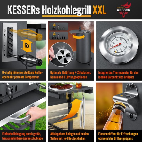 KESSER® Houtskoolbarbecue XXL Barbeque Houtskool met Deksel, Wielen, Afdekkap, Roestvrij Stalen Handvat, Barbecuerooster en Thermometer, 8 Spiesen met Zakje & siliconen Borstel, grote BBQ Camping Terras Tuin van KESSER — afbeelding 3