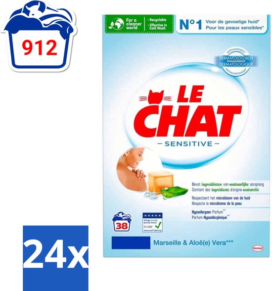 Le Chat Sensitive - Waspoeder - Witte en Gekleurde Was - Marseille & Aloë Vera - 38 Wasbeurten - Voordeelverpakking - 24 stuks