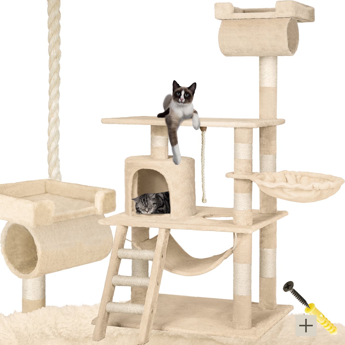 tectake® Grote kattenkrabpaal - Krabpaal met accessoires - XXL krabpaal met 4x kattenhuisjes - Speeltoren met ligplaatsen, sisal palen - Wandmontage mogelijk - Hoogte 214cm - Zwart