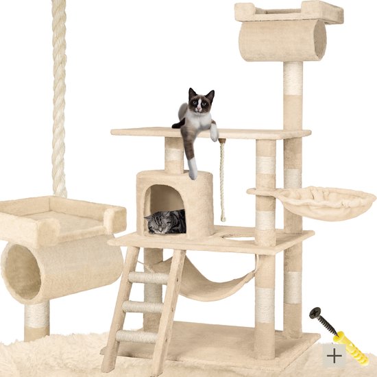Arbre à chat beige avec des chats, y compris un tunnel séparé, un hamac, une grotte, une échelle et du matériel de fixation.