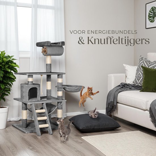 Krabton: Tectake® Krabpaal Voor Katten - 141cm Zwart - Krabmeubel Met Hangmat Grot Trap Buis En Speelkoord Sisal En Pluche Grote Kattenkrabpaal Voor Speelplezier En