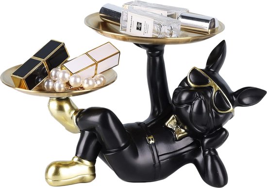 Sculpturen Standbeelden Franse Bulldog Dienblad Decoratief Beeld, Tafeldecoratie, Sieraden Opbergdoos Sleutelkom, Zwart c