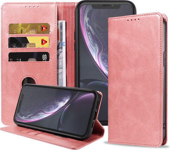 Coque iPhone Xr en Cuir Rose - Coque iPhone Xr en Cuir de Luxe avec Fermeture Magnétique Rose - Housse de Bookcase en Cuir Rose avec Porte-Cartes pour iPhone Xr - Smartphonica