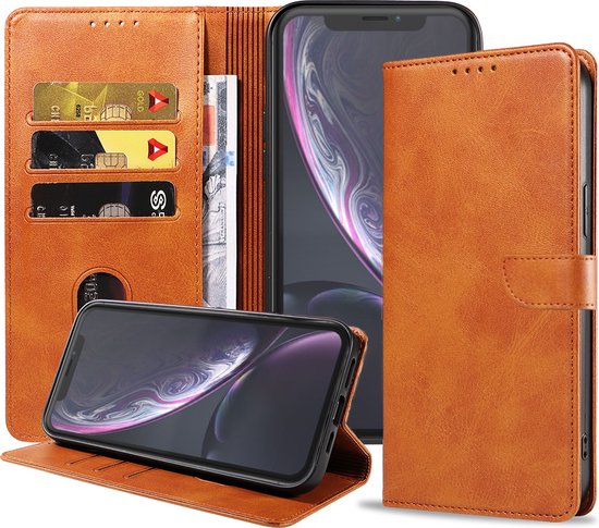 Bruin telefoonhoesje in boekstijl, geopend, met iPhone XR, creditcards en bankbiljetten.