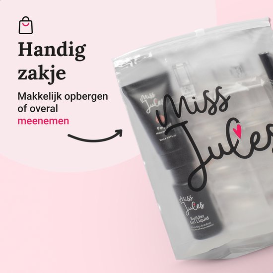 Transparant Miss Jules toilettas met daarin een tube polygel en builder gel.