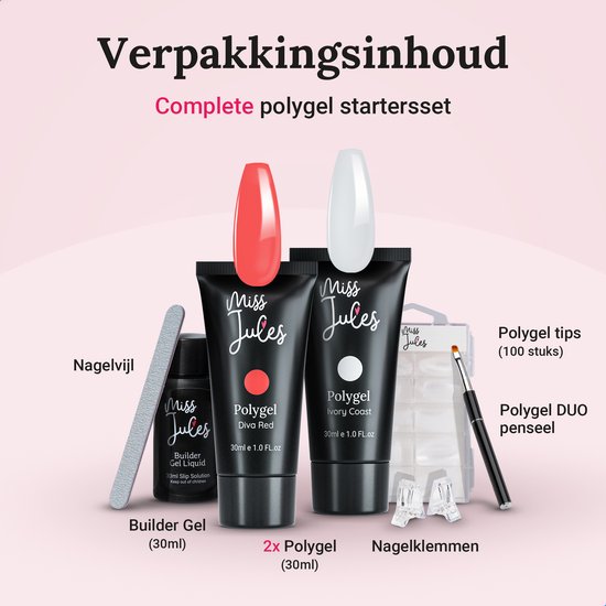 Miss Jules complete polygel starterset met tubes, builder gel, vijl, penseel en tips.