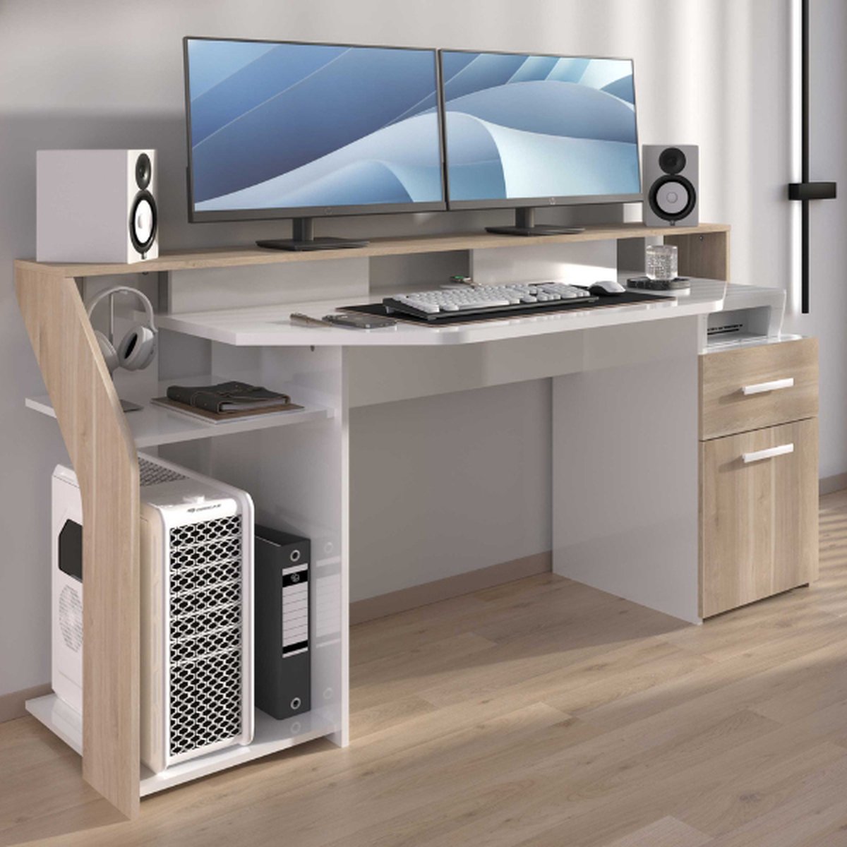 Gamingbureau Sylver met ledverlichting - eikdecor/hoogglans wit - Parisot - Bureau - Wit; Bruin; Hoogglans wit - Melamine; Spaanplaat