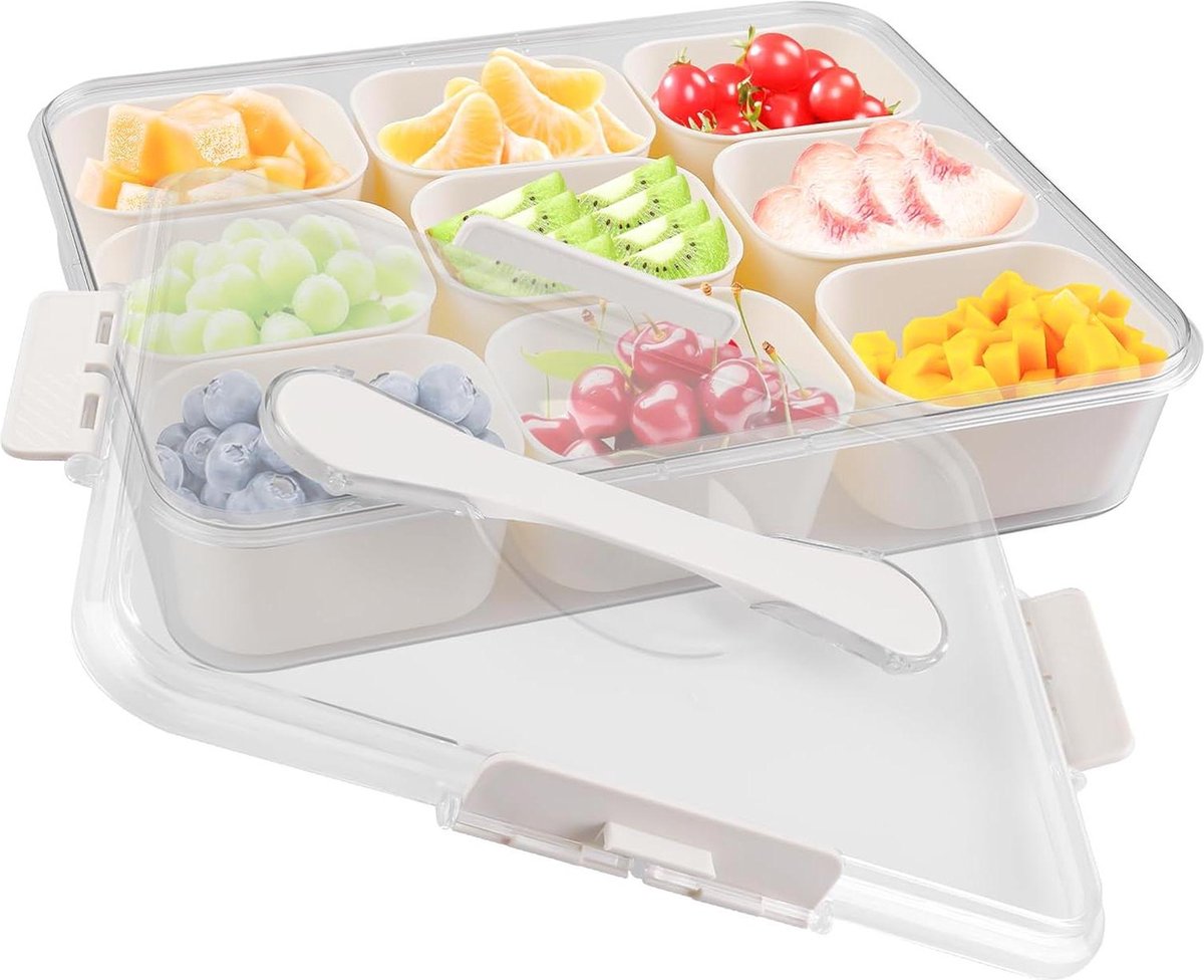 HTML Snackbox met vakken - snackschaal met deksel - snackbord met handvat en 9 vakken - snackbox organizer - fruit snoep noten koekjes snacks - snackplaat - familiebijeenkomsten reizen picknicks .