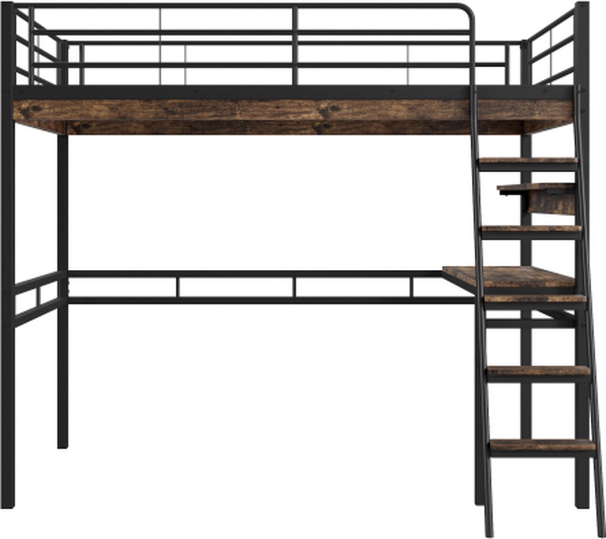 Hoogslaper met bureau ladder planken ijzeren frame 90x200cm slaapkamermeubel jeugdbed volwassen bed logeerbed metalen bed