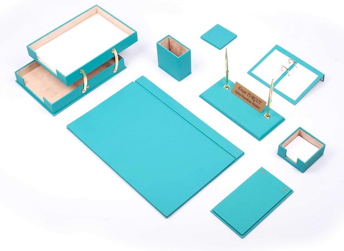 Lederen bureau Set - TURKOOIS - Bureau accessoires Set - 10 Accessoires - Office Desk Organizer Set - handgemaakte lederen bureau set - Manager Gift