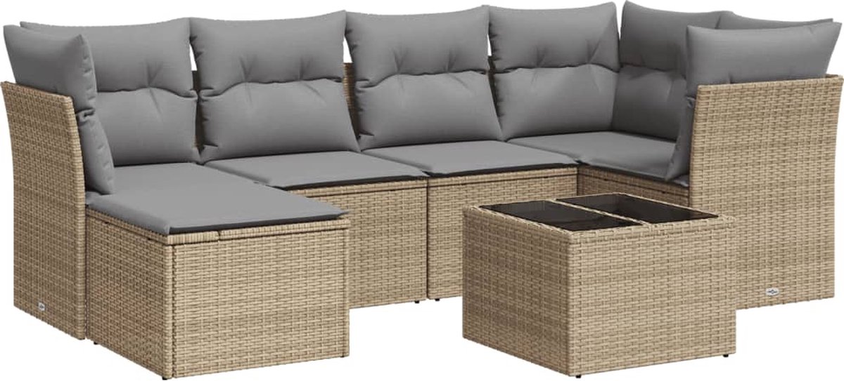 The Living Store 7-delige Loungeset met kussens poly rattan beige - Loungeset - Tuinlounge - Buitendining - Lounge Set - Tuinmeubels