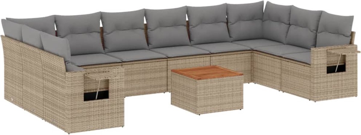 The Living Store 11-delige Loungeset met kussens poly rattan gemengd beige - Loungeset - Tuinlounge - Buitendiner - Lounge Set - Tuinmeubelen