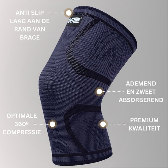 Donkerblauwe kniebrace met anti-slip rand, ademend, zweetafvoerend en 360 graden compressie.