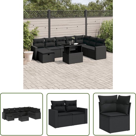 vidaXL 9-delige Loungeset met kussens poly rattan zwart - Loungeset - Tuinlounge - Loungemeubelen - Buitendecoratie - Outdoor Living