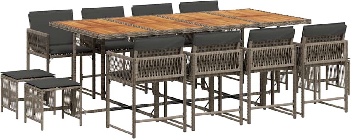 The Living Store 13-delige Tuinset met kussens poly rattan grijs - Tuinmeubels - PE-rattan - Buitentafel - Eetkamerset - Lounge Set