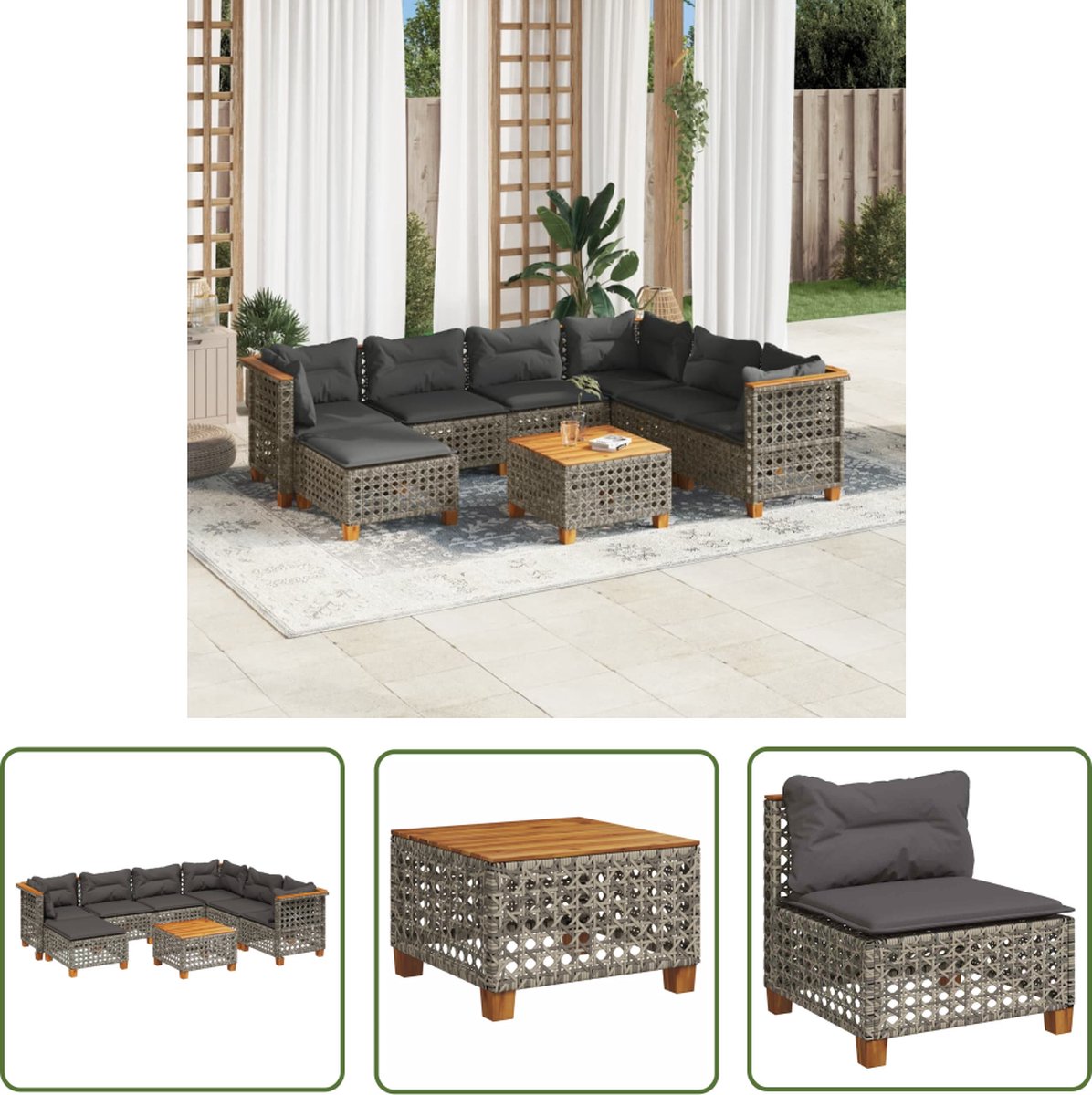 The Living Store 8-delige Loungeset met kussens poly rattan grijs - Loungeset - Tuinmeubels - Lounge Set - Outdoor Furniture - Pe Rattan