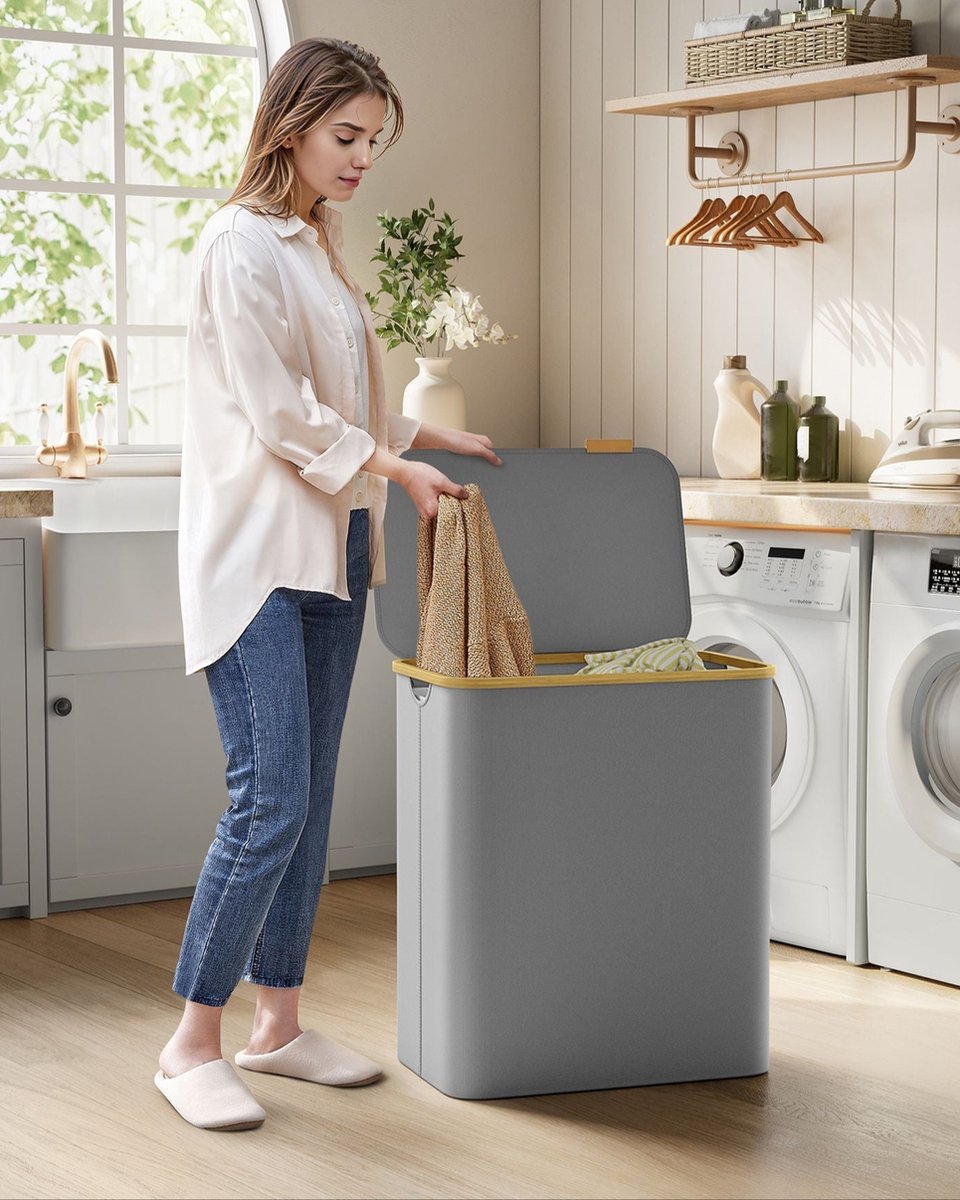 Goedkoopste Dove Grey Opvouwbare wasmand - Kledingmand - Opvouwbare opbergbak - 600D Oxford-stof - Bamboe - Glasvezelstaven - Lichtgewicht - Duurzaam - Draagbaar - 60 cm x 38,5 cm x 70,5 cm