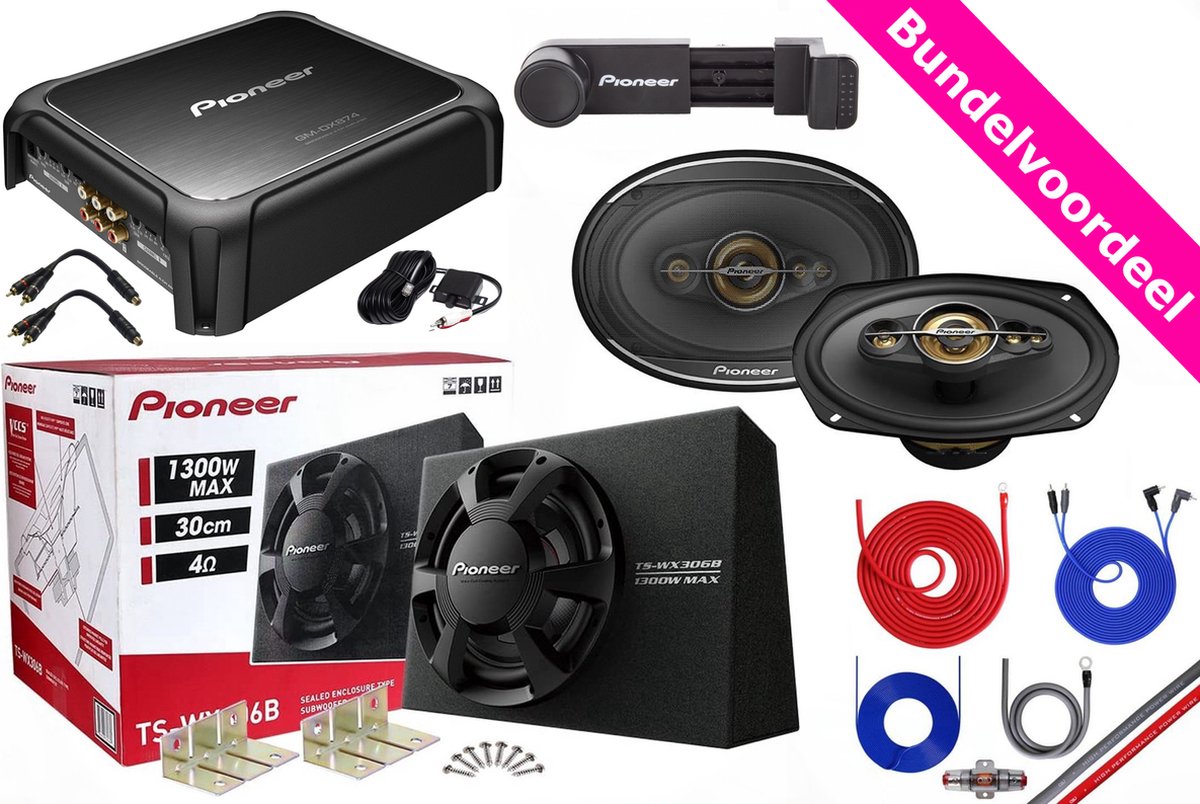1300W Pioneer Subwoofer + Versterker + Ovale Speakers + 20mm2 Kabelset + Splitter & Telefoonhouder