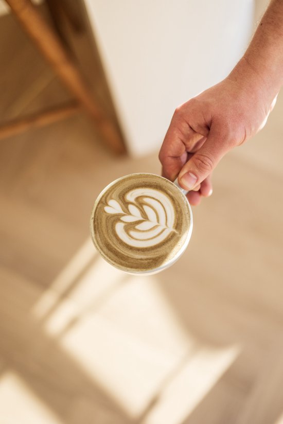 Hand houdt een witte mok vast met latte art van een blad- of bloempatroon, tegen een lichte achtergrond met zonlicht.