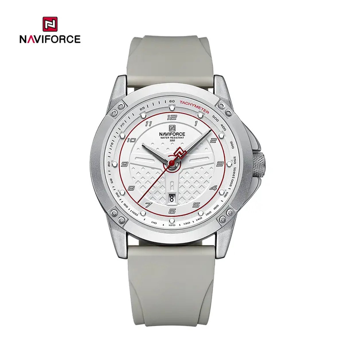 NAVIFORCE horloge voor mannen, met grijze siliconen polsband, mat zilveren uurwerkkast, witte wijzerplaat met zilveren wijzers ( model 8031 SWGY ), verpakt in mooie geschenkdoos