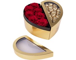 Chocolade Box Norah – Rosuz - Rode Longlife Rozen (3 Jaar Houdbare échte rozen) + Gouden Atelier Chocolade Hartjes – Herbruikbare Valentijn Geschenkset voor Liefdevolle Momenten