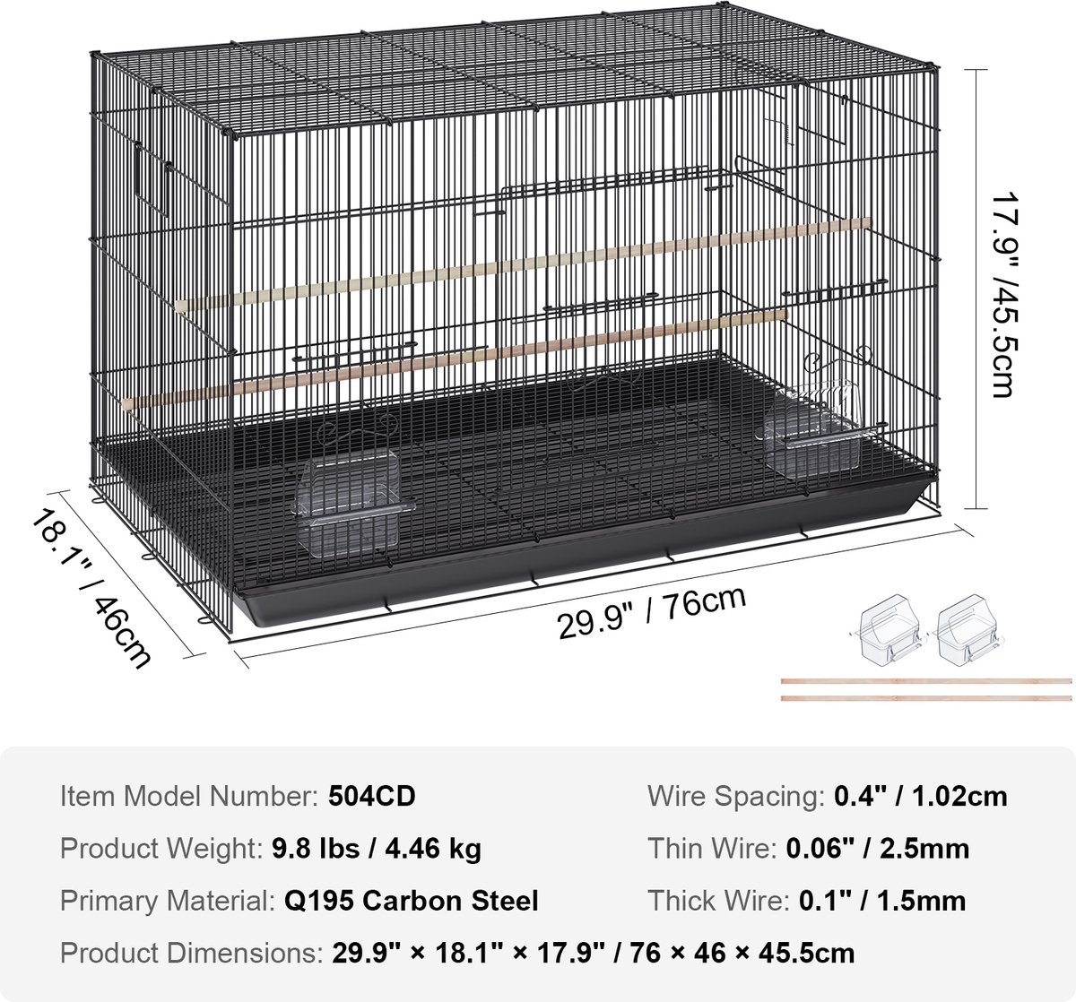 VEVOR Vogelvolière 76x46x45,5cm Vogelkooi Gemaakt van Q195 Koolstofstaal Vogelhuis voor 2-3 Middelgrote tot Grote Vogels Volière met Veiligheidsdeur Vogelhuis Vogelbouwer Zwart thumbnail 3