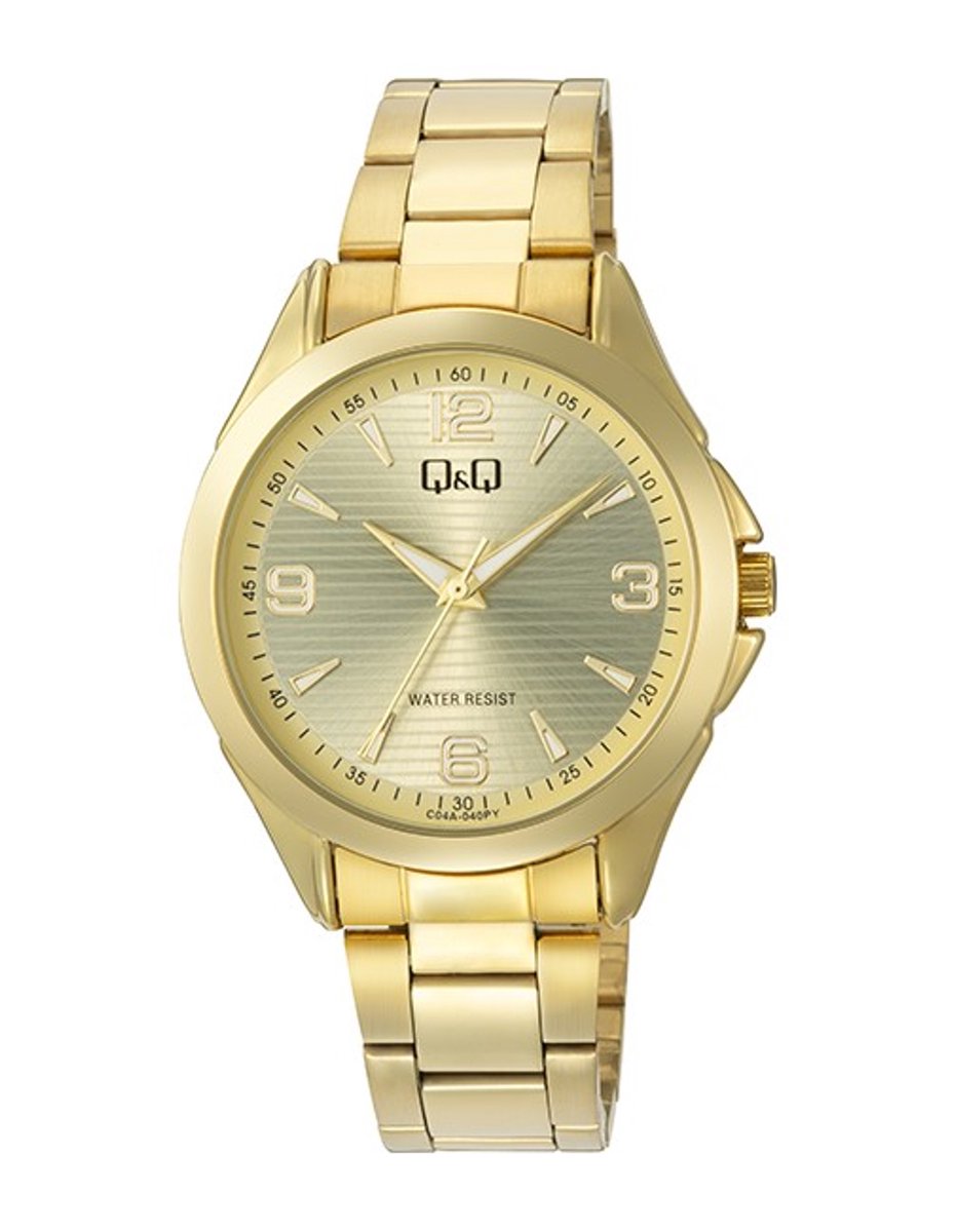 QQ C04A-040PY - Horloge - Polshorloge - Analoog - Heren - Mannen - stalen band - Rond - Metaal - Streepjes - Cijfers - Goudkleurig