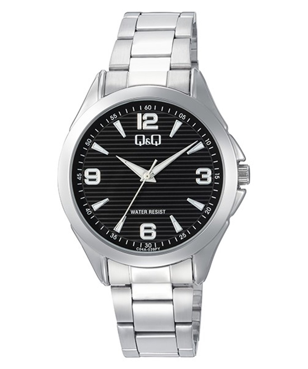 QQ C04A-039PY - Horloge - Polshorloge - Analoog - Heren - Mannen - stalen band - Rond - Metaal - Streepjes - Cijfers - Zilverkleurig - Zwart - Wit