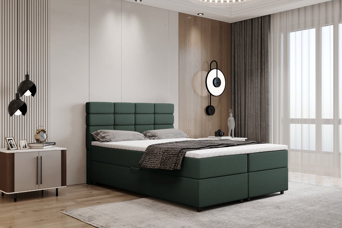 Boxspring met opbergruimte Reve 140 x 200 cm tweepersoons -Inclusief Topper - Flessengroen