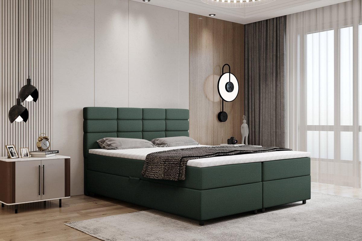 Boxspring met opbergruimte Reve 160 x 200 cm tweepersoons -Inclusief Topper - Flessengroen