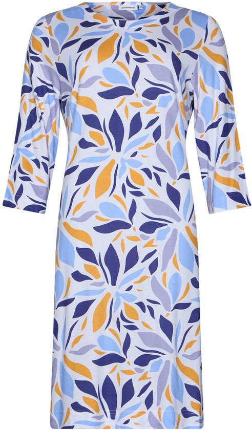 Wit nachthemd met een veelkleurig bladpatroon in blauw, paars en oranje.