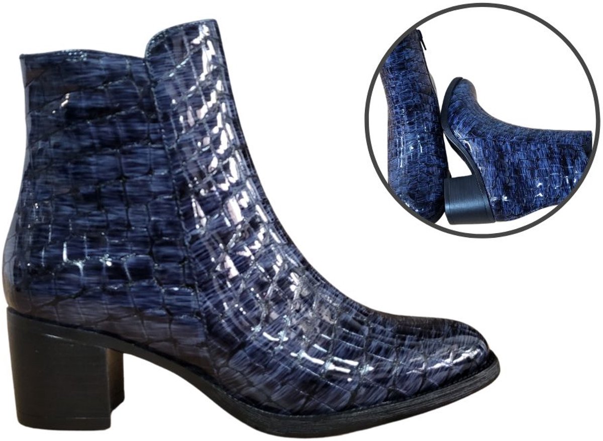 Stravers Kleine Maten Schoenen Stravers Comfortabele Enkellaarsjes met Hak Croco Blauw Zwart Kleine Dames Laarsjes