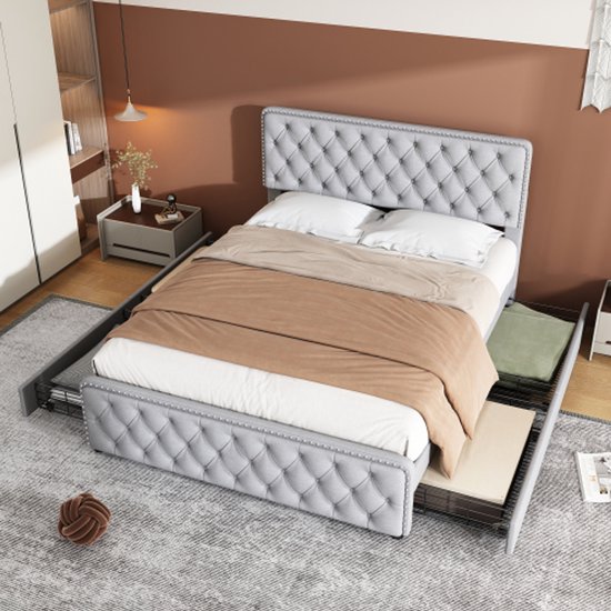 Bedframe 140x200 gestoffeerd bed, tweepersoonsbed vintage ledikant roze met hoofdeinde en lattenbodem en fluwelen bekleding slaapkamer bed