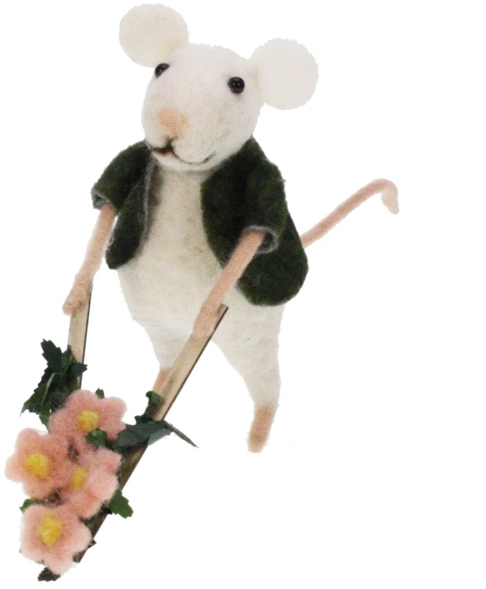 Muis met bloemenkarretje vilt 12x6x18cm