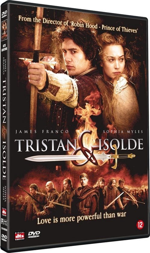 DVD-hoes van Tristan & Isolde met James Franco en Sophia Myles. De titel staat in gouden letters. Onderin staat 'Love is more powerful than war'.