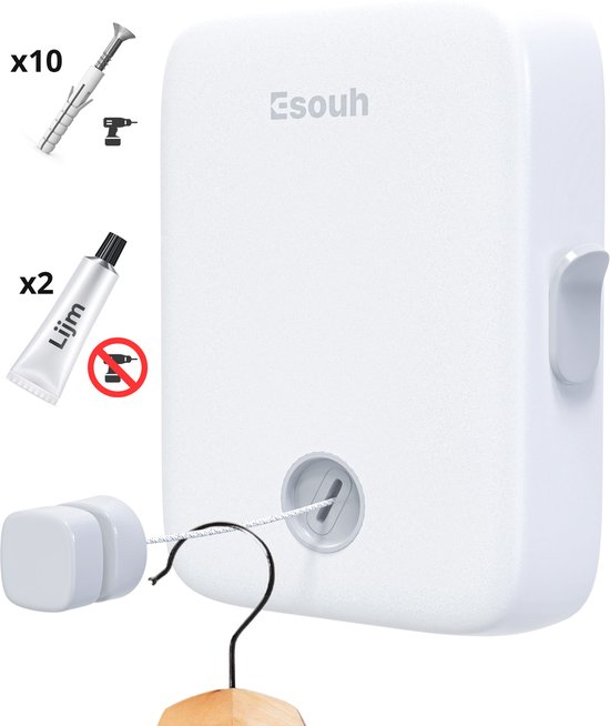 Esouh Corde à linge extensible - Fil de corde à linge de 4,3 m avec âme en acier - Ligne de séchage à rouleaux extensible - Ligne de séchage pour l'intérieur et l'extérieur