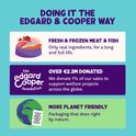 Afbeeldingen van vers vlees en vis, het Edgard & Cooper Foundation-logo en een B Corp-certificering.