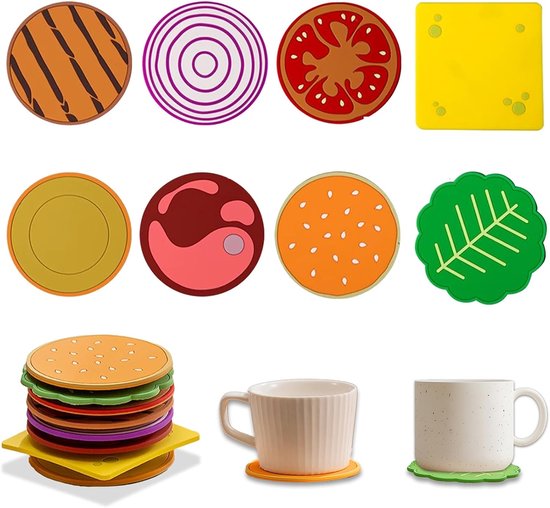 Set de 8 Sous-verres de verre en PVC antidérapant et anti-rayures Sous-verres hamburgers, idéal pour boissons chaudes et froides, Bières, Vin rouge, Café, Thee , imperméable et résistant à l'huile