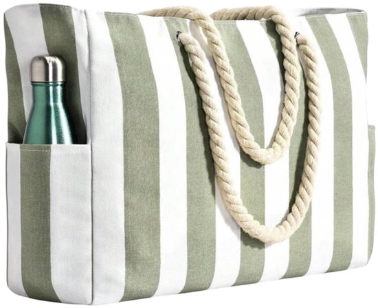 Twenty Two XL strandtas met ritssluiting | binnenvakken en zijvakken| dubbeltouw handvat | legergroen/wit/beige gestreept | grote strandtas | 50x15x37cm | waterdicht | lichtgewicht | geschikt als strandtas, yogatas, weekendtas, zwemtas, big shopper