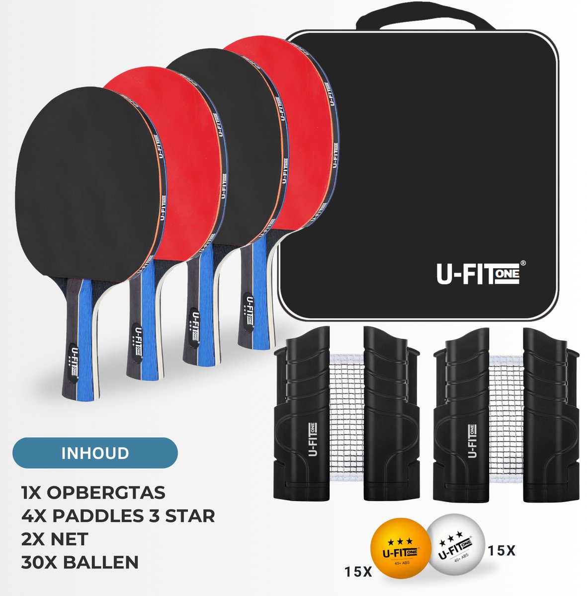 U Fit One Complete Tafeltennis Set met Ballen en Net - 4 Tafeltennisbatjes - 30 Tafeltennisballen - 2 Tafeltennisnetten - Table Tennis Rackets - Pingpong - Met Opbergtas - 3 Star — afbeelding 8