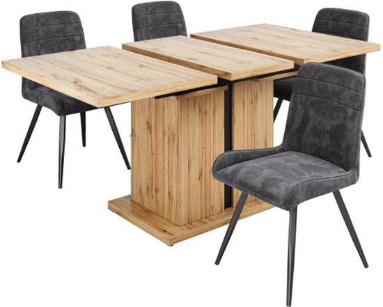 Eettafelset 140 X 80 X 75 Cm Met 4 Fluwelen Stoelen - MDF Hout En Goud Metaal Zwart