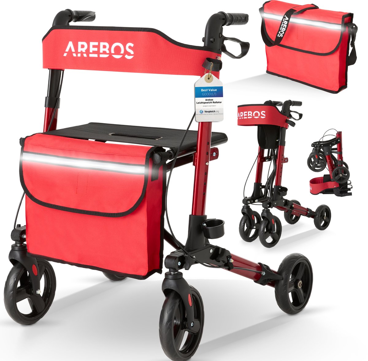 Goedkoopste AREBOS Aluminium Lichtgewicht Rollator | Inklapbaar | Medical opvouwbare lichtgewicht rollator carbon | belasting tot 136 kg | Rood