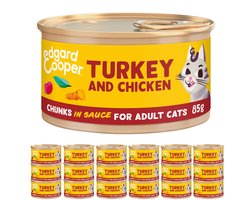 Edgard & Cooper Kattenvoer Graanvrij Natvoer voor Katten Gesteriliseerde of Actieve Kat Natuurlijke Stukjes in Saus 85g x 18 Verse Kalkoen & Kip, Smakelijk en Uitgebalanceerd, Vers Vlees