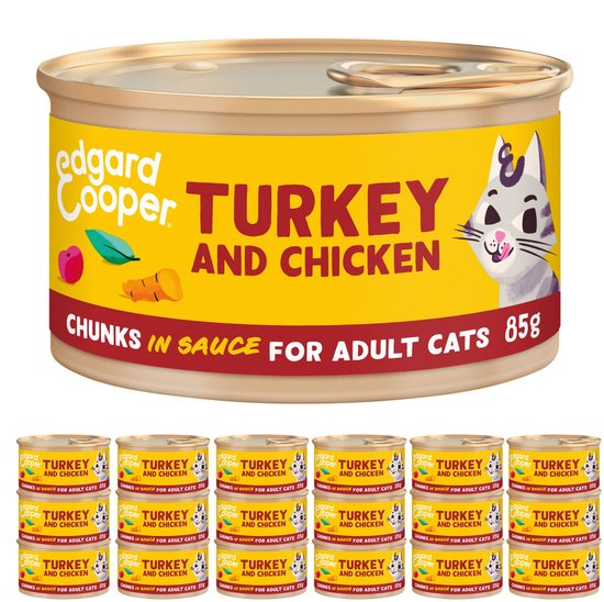 Edgard & Cooper Kattenvoer Graanvrij Natvoer voor Katten Gesteriliseerde of Actieve Kat Natuurlijke Stukjes in Saus 85g x 18 Verse Kalkoen & Kip, Smakelijk en Uitgebalanceerd, Vers Vlees