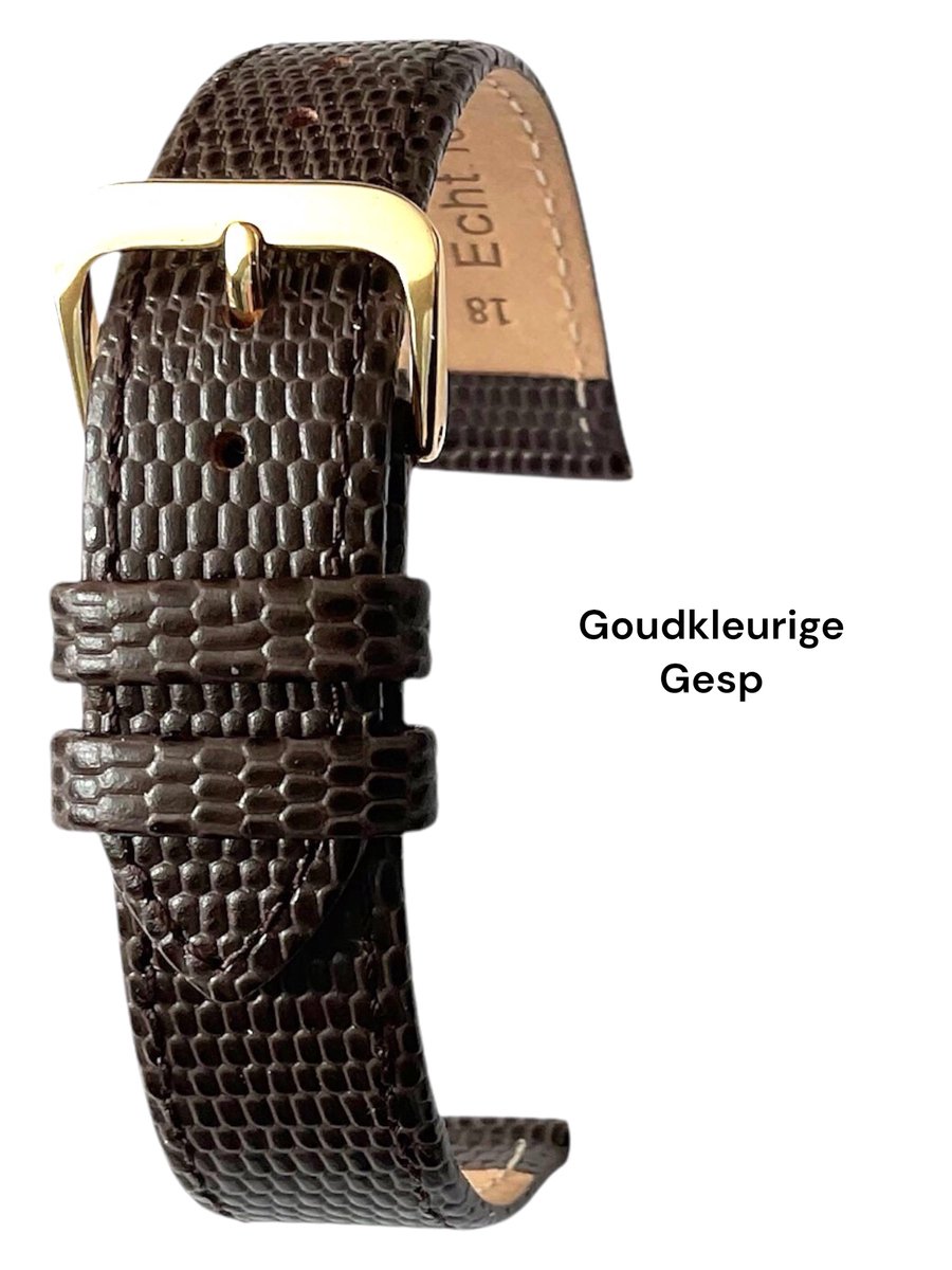 Horlogeband-horlogebandje-12mm-donkerbruin-lizard print-echt leer-zacht-plat-goudkleurige gesp-leer-12 mm