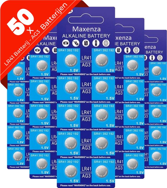 Verpakking met 50 Maxenza LR41 batterijen, ook bekend als AG3, met rode tekst.
