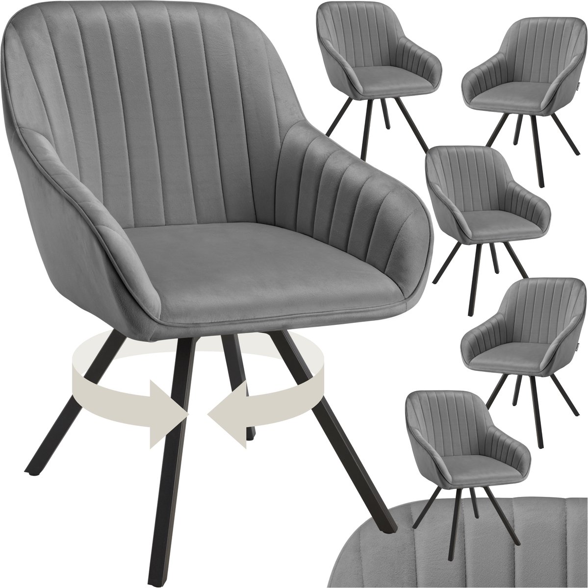 Tectake Draaibare eetkamerstoel met armleuningen - Ergonomische kuipstoel met fluwelen bekleding - Gewatteerd - Draaistoel voor woonkamer, eettafel, studeerkamer, kaptafel en keuken - Set van 6 - Grijs
